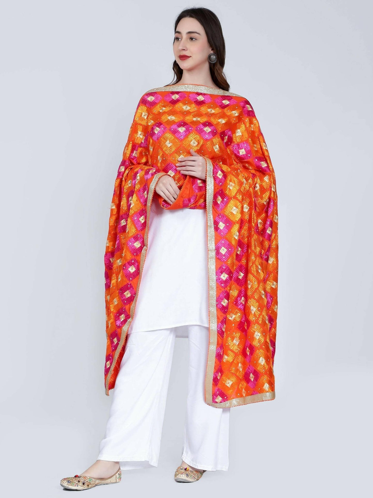 Multicolour Phulkari Dupatta (Orange and Magenta) - HalfPe