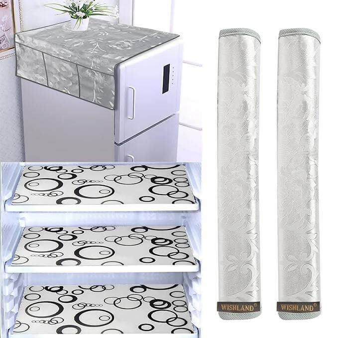 WISHLAND 1 Pc Fridge Cover for Top with 6 Pockets + 2 Handle Cover + 3 Fridge Mats( Fridge Cover Combo Set of 6 Pcs) - HalfPe