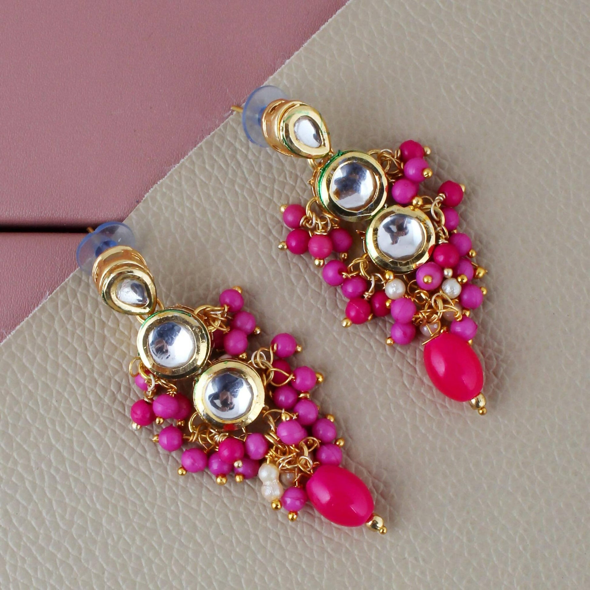 LUCKY JEWELLERY Back Meenakari 18k Gold Plated Magenta Color Tika Earring Combo Uncut Big Faux Kundan Choker Necklace set - HalfPe