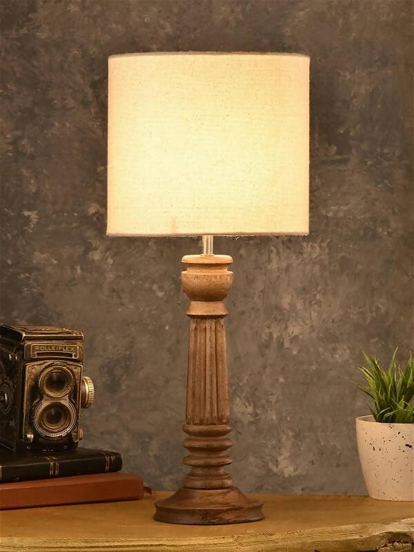 Green Girgit Pillar Brown Lamp With White Cotton Shade - HalfPe