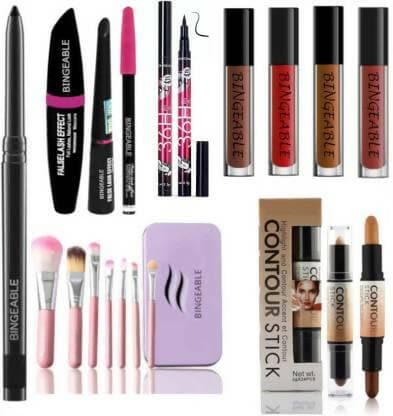 Bingeable Kajal& 3 In1 Waterproof Eyeliner, mascara, Kajal& 36H Eyeliner& 7 Pcs Brush(HK)& 2in1 Contour Stick& 4Pcs R.E.D Mini Lipstick (9 Items in the set) - HalfPe