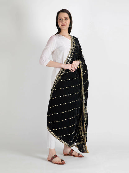 Black Embroidered Velvet Shawl Dupatta - HalfPe