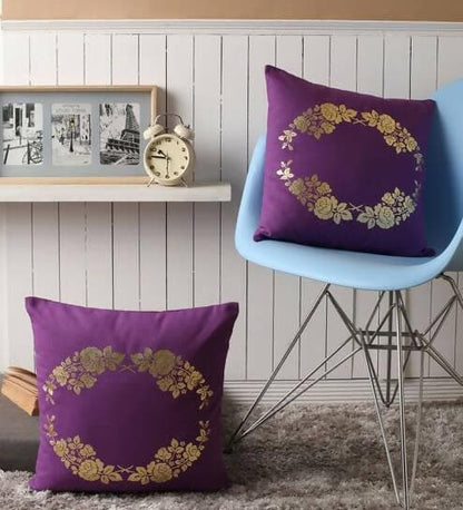 Lushomes Cushion covers 16 inch x 16 inch, Sofa Cushion Cover, Foil Printed Sofa Pillow Cover, festive cushion covers (Size 16 x 16 Inch, Set of 2, Violet) - HalfPe