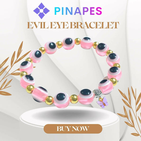 Pinapes Butterfly Beads and Evil Eye Charm Bracelet A Must-Have for Fashionable and Superstitious Women with violet butterfly (light pink) - HalfPe