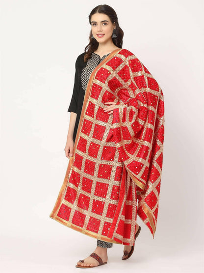 Red Embroidery Check Phulkari Dupatta with Mirror - HalfPe