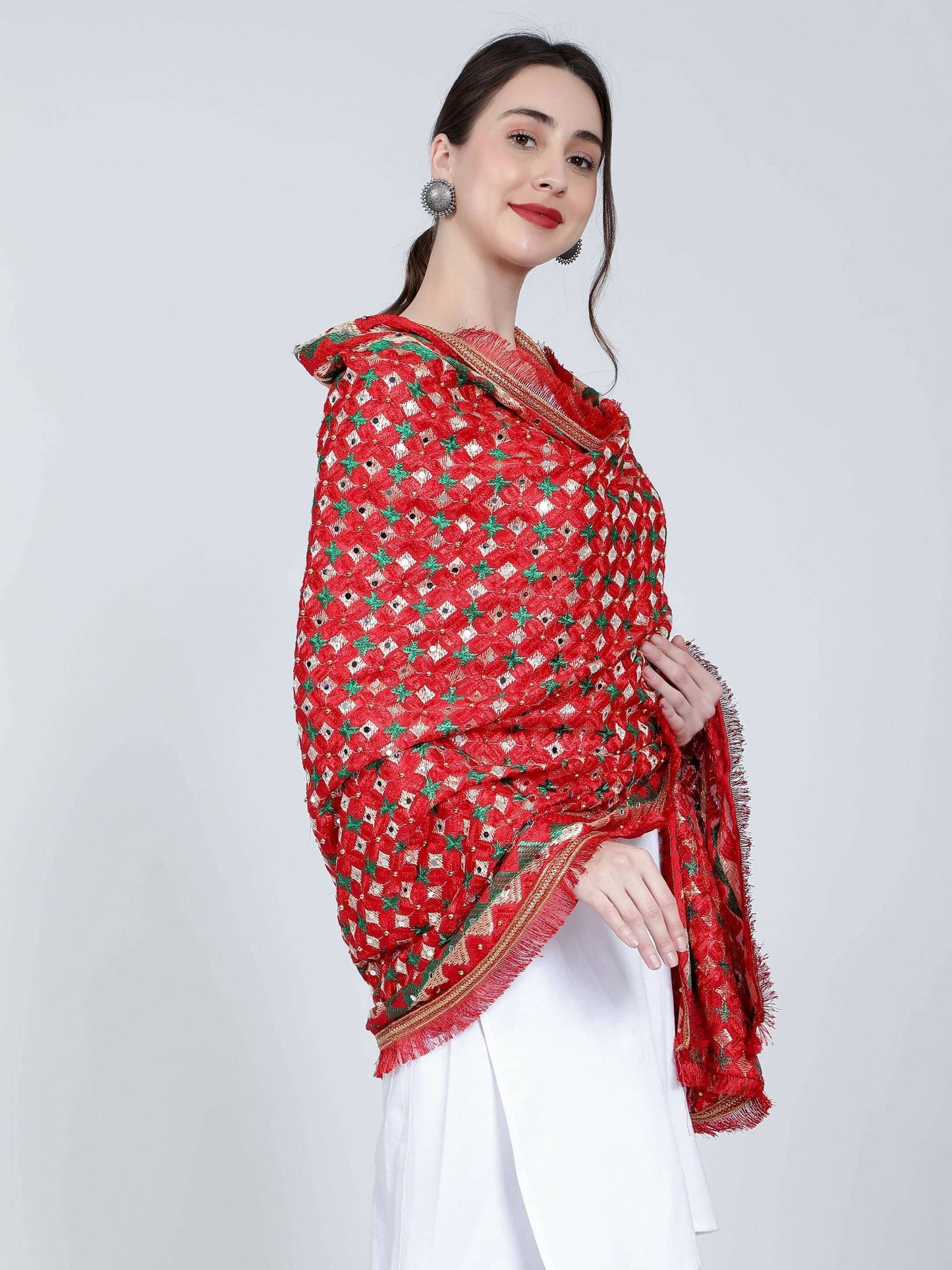 Phulkari Dupatta with Beads (Red and Green) - HalfPe