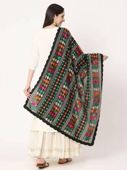 Black Multicolour Embroidery Phulkari Dupatta with Mirror Work - HalfPe