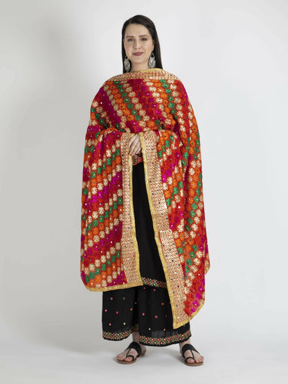 Phulkari with gold Lace and mirror work (multi-color) - HalfPe