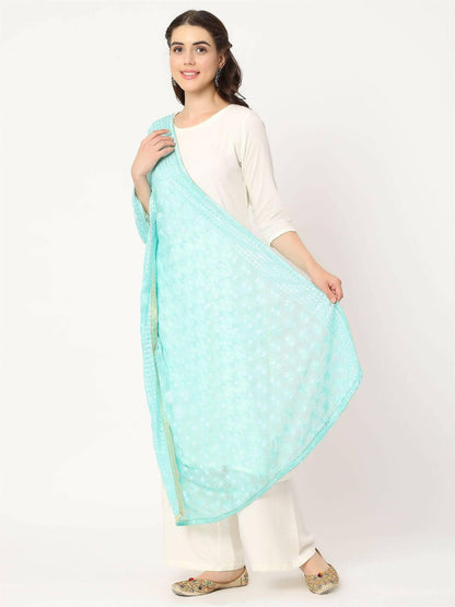 Sea Green Sequined Phulkari Embroidery Dupatta - HalfPe