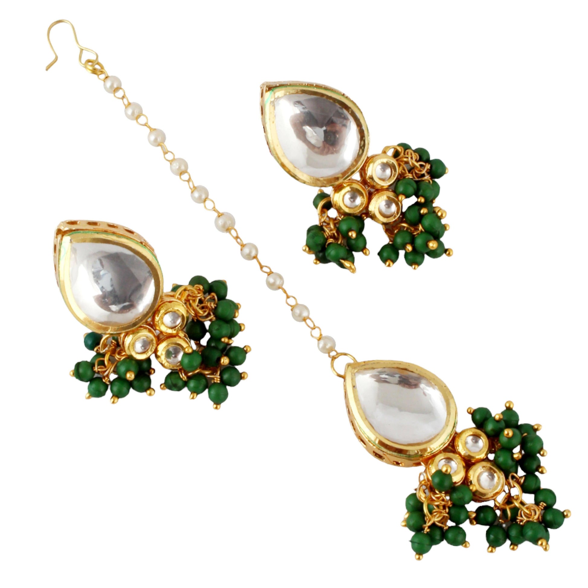 LUCKY JEWELLERY Back Meenakari 18k Gold Plated Green Color Tika Earring Combo Uncut Big Faux Kundan Choker Necklace set - HalfPe