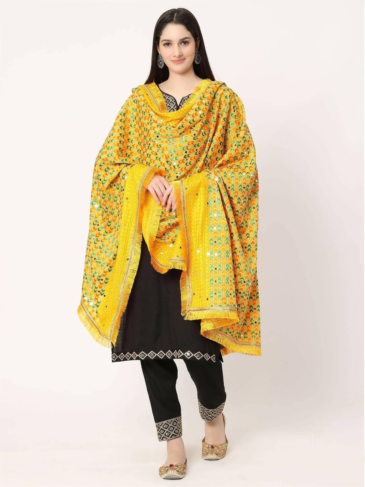 Yellow Multicolour Embroidery Dupatta with Beads - HalfPe