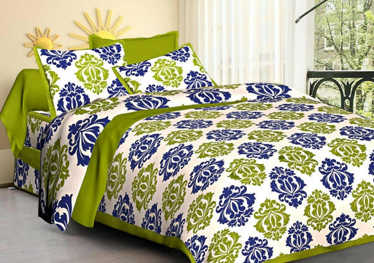 Jaipuri traditional Printed Design queen size cotton bedsheet with two pillow cover (Green & Dark Blue) - HalfPe