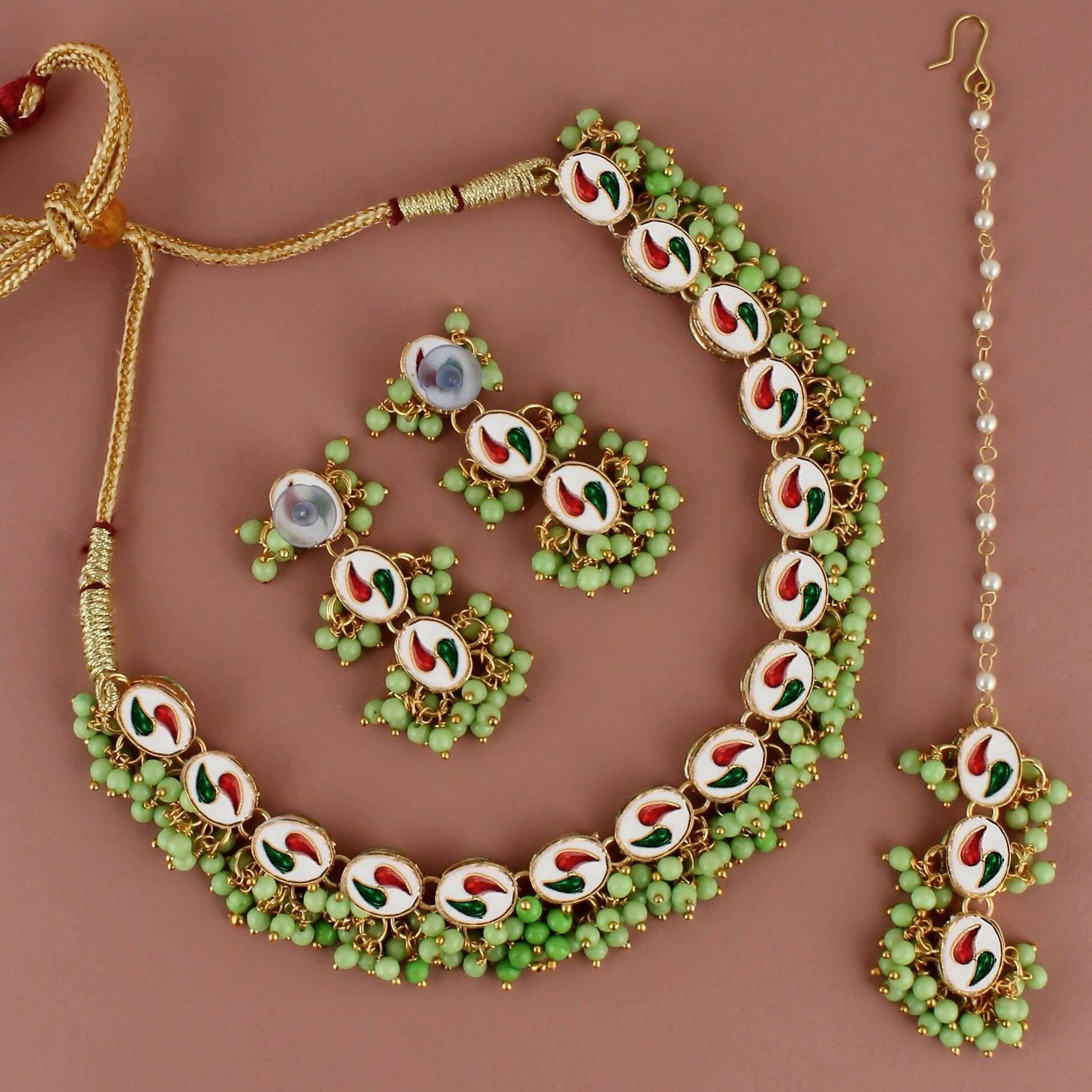 LUCKY JEWELLERY Back Meenakari 18k Gold Plated Light Green Color beads Tika Earring Combo Uncut Big Faux Kundan Choker Necklace set - HalfPe