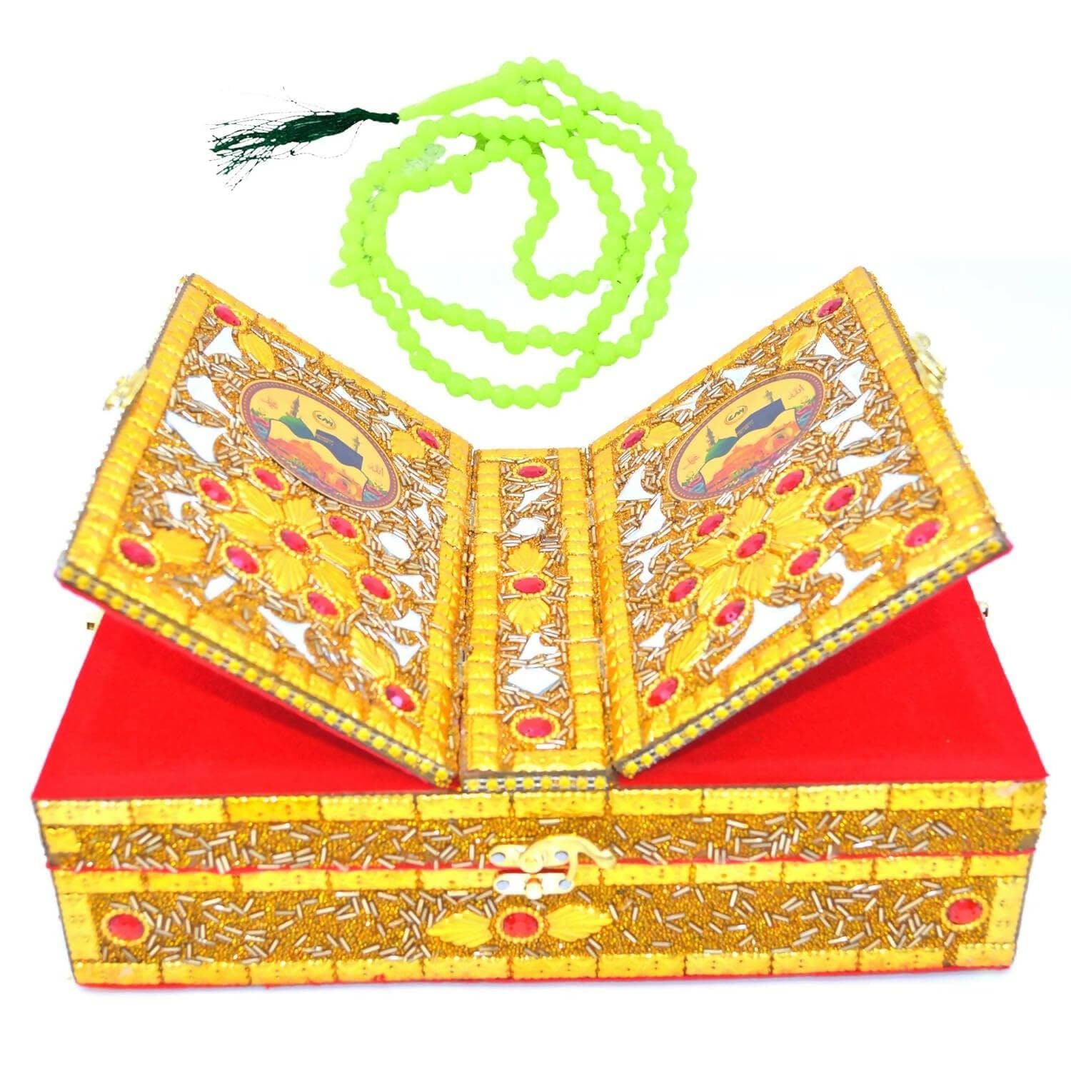 Santarms Handmade Quran Box with Tasbih for Muslim Fordable Wooden Rehal Holy Books Stand - HalfPe