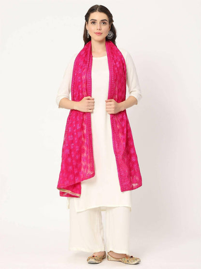 Magenta Pink Sequined Phulkari Embroidery Dupatta - HalfPe