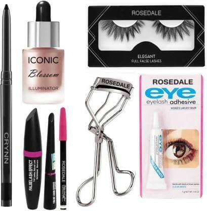 Crynn Smudge Proof Waterproof Rosedale Kajal & Studio Professional Iconic Blossom Illuminator Highlighter & 3in1 Glam Precision Eyeliner , Mascara , Eyebrow Pencil & Perfect False Eyelash Pair & Eyelash Glue , Curler (8 Items in the set) - HalfPe