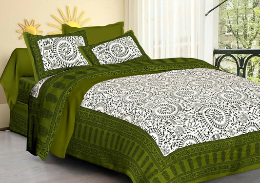 Jaipuri Printed Traditional Double Bed bedsheet with 2 Pillow Covers (90x108 inch) (Green) - HalfPe