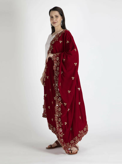 Embroidered Velvet Shawl Dupatta For Women (Red) - HalfPe