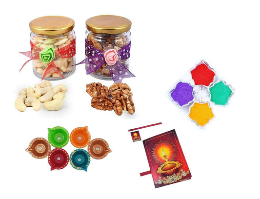 MANTOUSS Diwali Dry Fruit Decorative Glass Jar-Cashew and Walnut(100gms Each),200 GMS + 2 Cute diyas, Rangoli Colours and Diwali Greeting - HalfPe