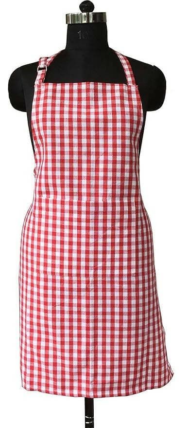 Lushomes Cotton Checks Kitchen Chef Apron with Pocket and Adjustable Buckle (Red & White) - HalfPe