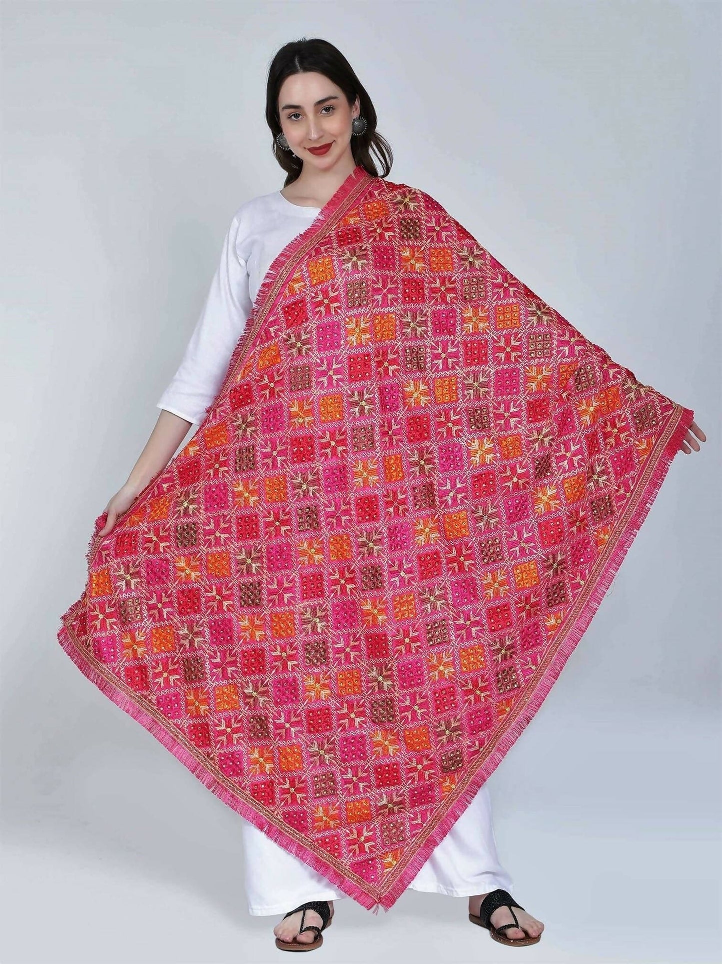 Multicolour Phulkari Dupatta with mirror work (Magenta Pink Orange ) - HalfPe