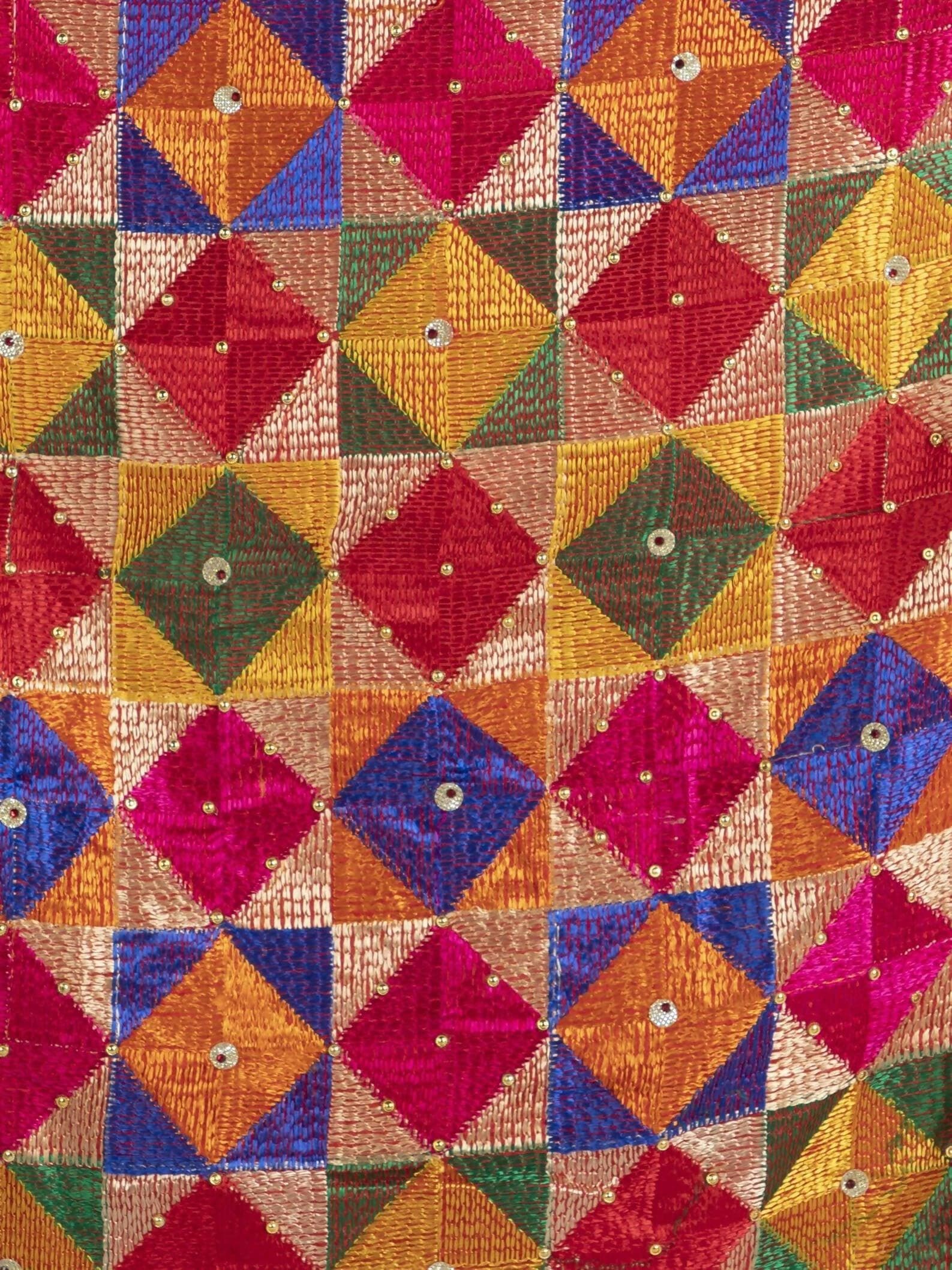 Multicolour Phulkari with gold Lace dupatta - HalfPe