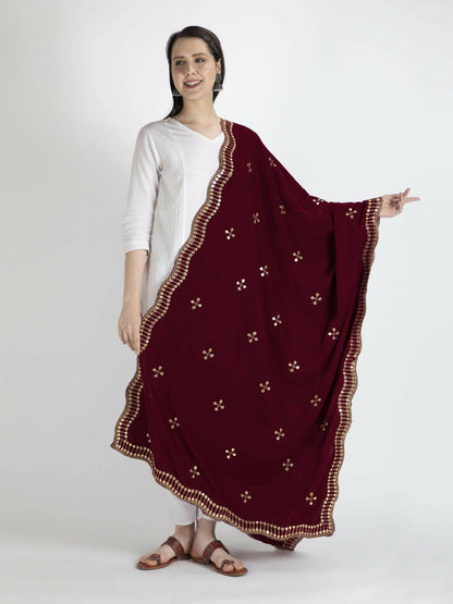 Embroidered Velvet Marron Dupatta For Women - HalfPe