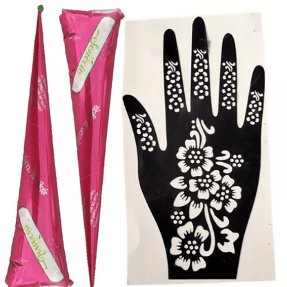 SENECIO Pack of 3 Mehendi Henna Cone With Black Sheet Half Hand Stencil Rubber Stick-on Sticker Design (Pattern May Vary) - HalfPe