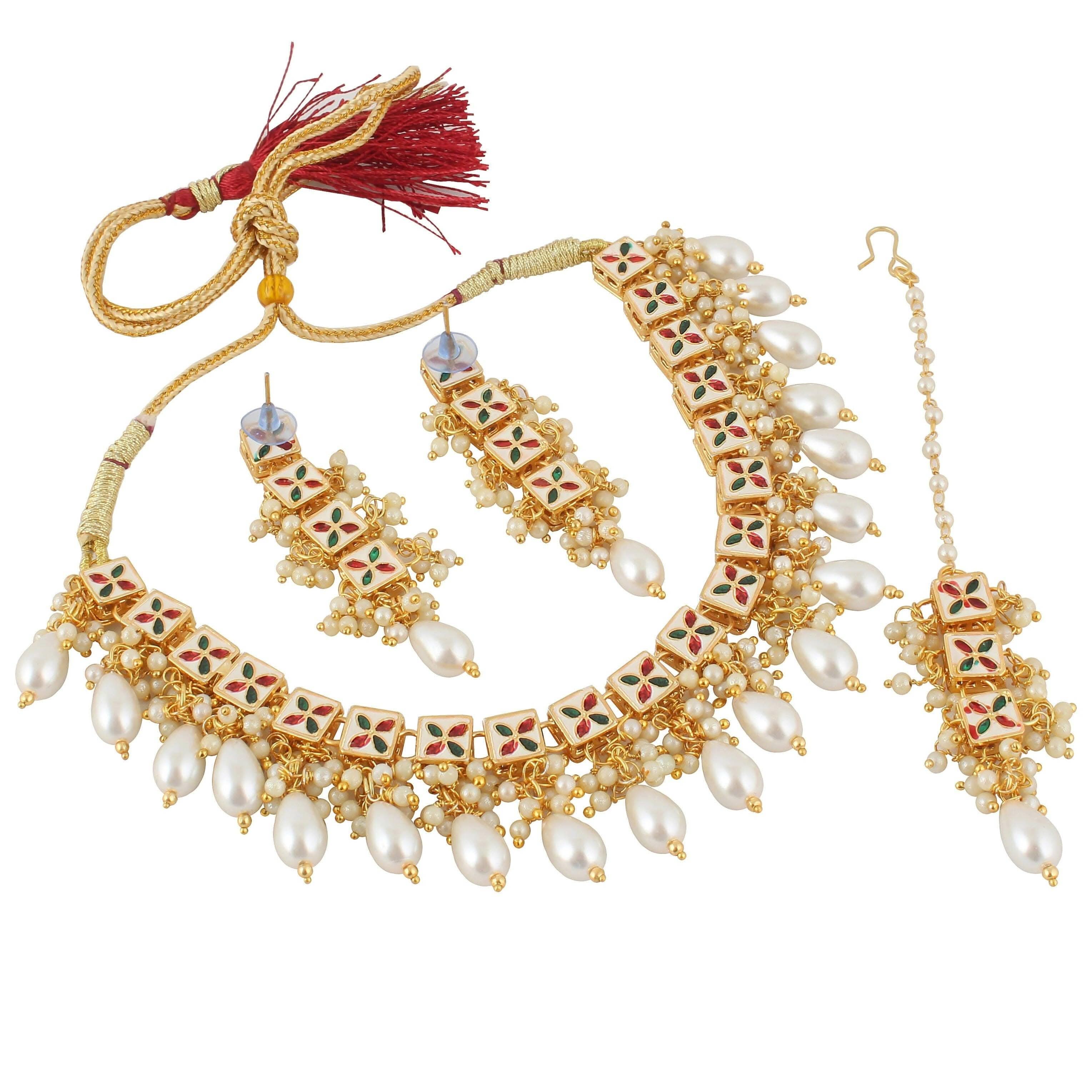 LUCKY JEWELLERY Back Meenakari 18k Gold Plated White Color Tika Earring Combo Uncut Big Faux Kundan Choker Necklace set (660-J5SK-1664-W) - HalfPe