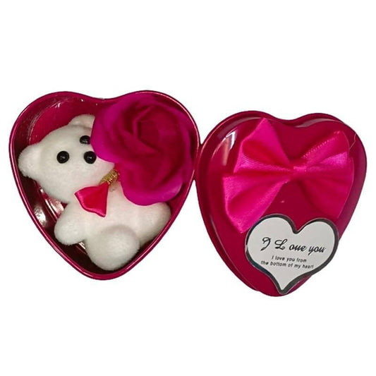 Valentine's Day Box with Small Teddy and Rose Made of Cloth (Size: 7cm Pink Color) - HalfPe