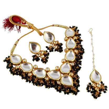 LUCKY JEWELLERY Back Meenakari 18k Gold Plated Black Color Tika Earring Combo Uncut Big Faux Kundan Choker Necklace set - HalfPe