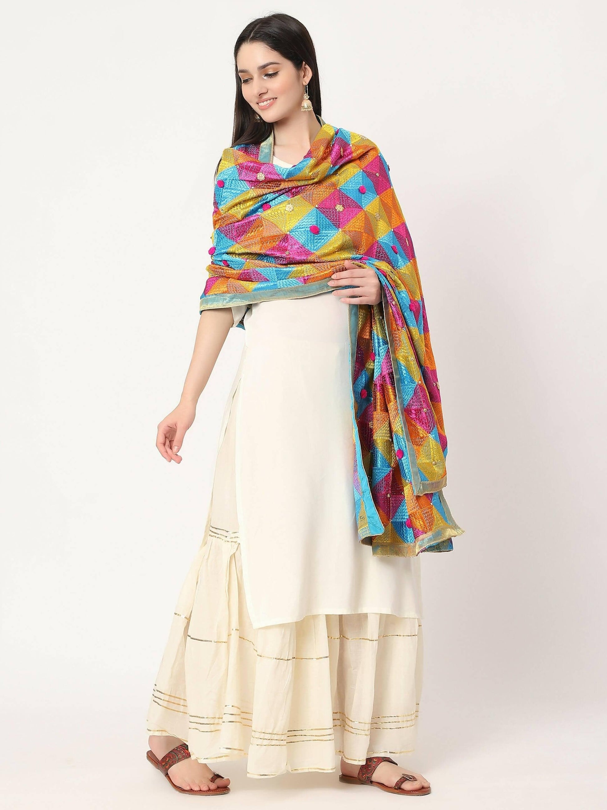 Multicolour Embroidery Phulkari Dupatta with Golden Beads - HalfPe