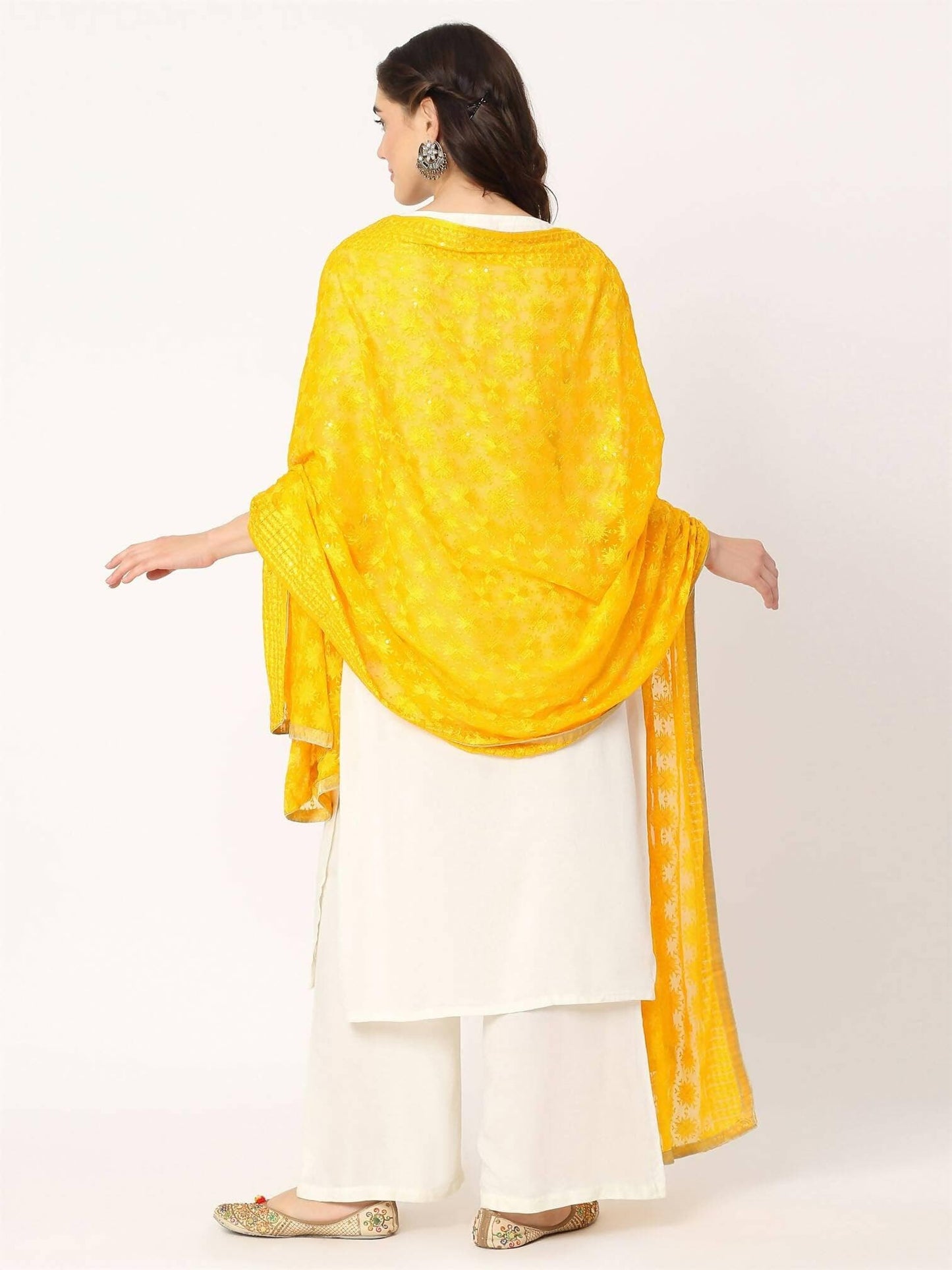 Yellow Sequined Phulkari Embroidery Dupatta - HalfPe