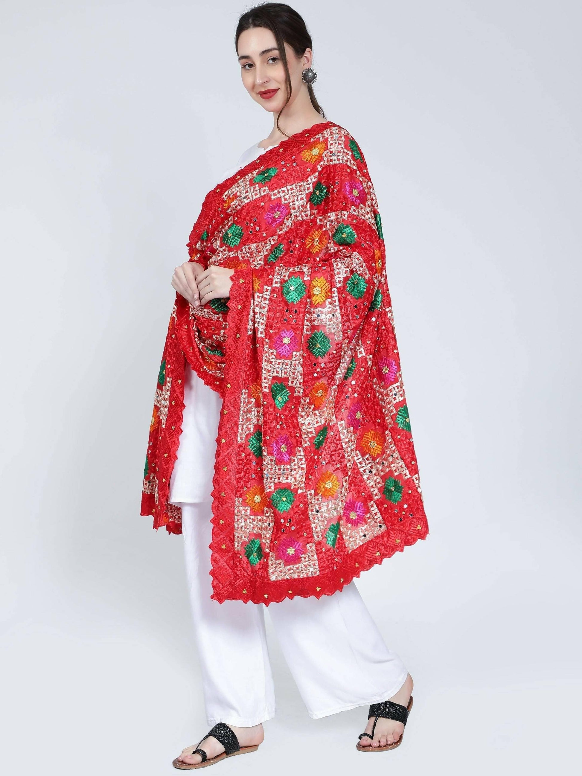 Phulkari dupatta with mirror work (red) - HalfPe