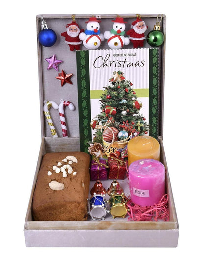 MANTOUSS Christmas Cake Gift(200gms) +2 Scented Candles+Christmas Card+Christmas Tree Decoration Set+ Santa Cap - HalfPe