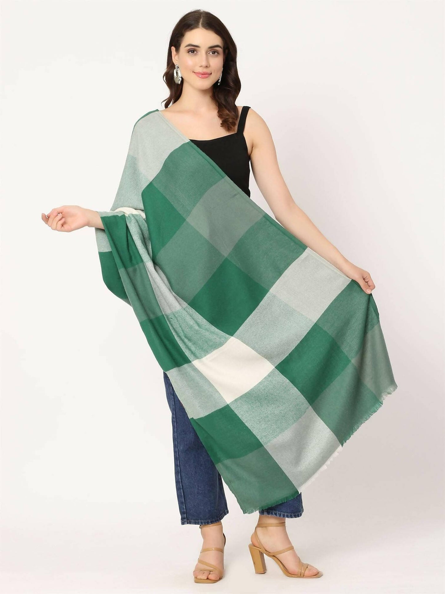 Bottle Green and White Pashmina Stole for women - HalfPe