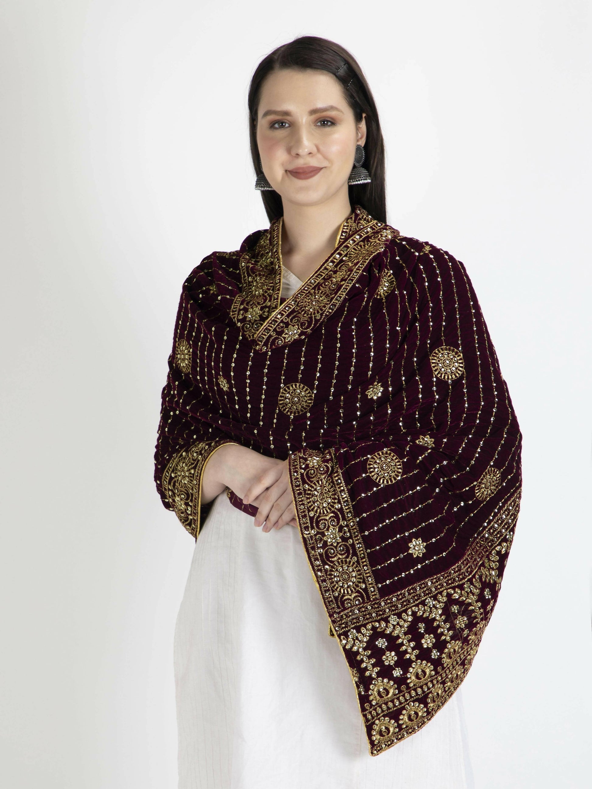 Embroidered Velvet Shawl Dupatta (Purple) - HalfPe