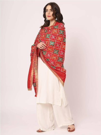 Red Multicolour Embroidery Phulkari Dupatta - HalfPe