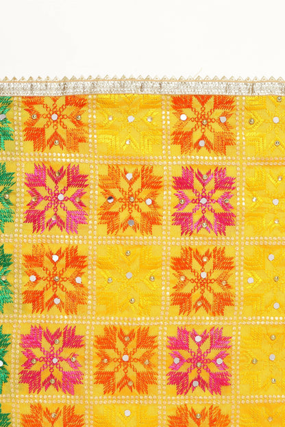 Multicolour Embroidery Phulkari Dupatta with Mirror Work ( Yellow) - HalfPe