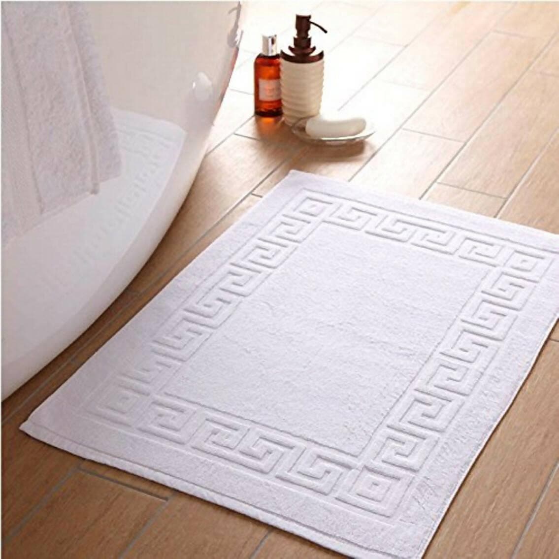 Lushomes bathroom Mat, Super Soft Terry Cotton Floor mat for Hotel and Spa, Door Mats for Bathmat with Greek Border, Floor Towel Mat, cotton mat(Single Pc, Pure White, 50x77 cms) - HalfPe