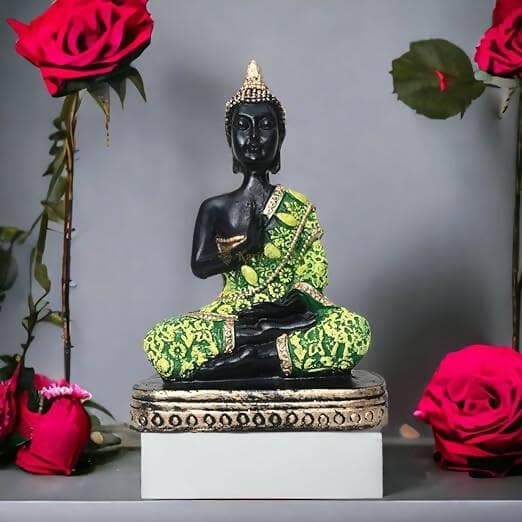 KariGhar Antique Meditating Buddha Statue Idol Perfect for Home | Prayer Room | Living Room | Decoration & Gifting (A0104 (Green)) - HalfPe