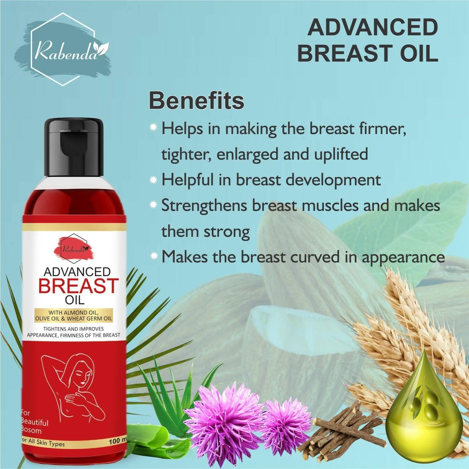 RABENDA Breast massage oil With ALMOND OIL, OLIVE OIL & WHEAT GERM OIL - 100ml (Pack of 2) - HalfPe