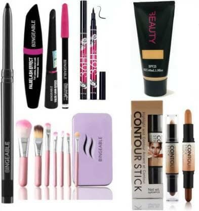 Bingeable Kajal& 3 In1 Waterproof Eyeliner, mascara, Kajal& 36H Eyeliner& 7 Pcs Brush(HK)& 2in1 Contour Stick - HalfPe