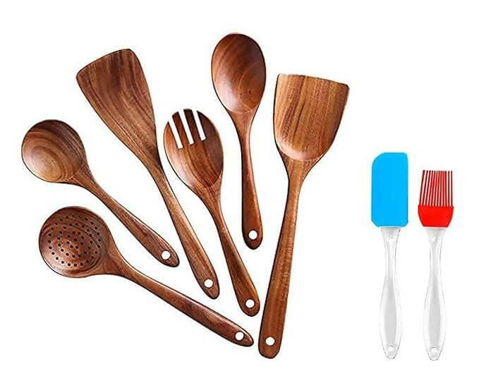 Set of 6 Japnese Style Wooden Cooking Spoon and 1 Set of Silicon Spatula and Oil Brush Set with Spatulas for Non-Stick Kitchen Cooking - HalfPe