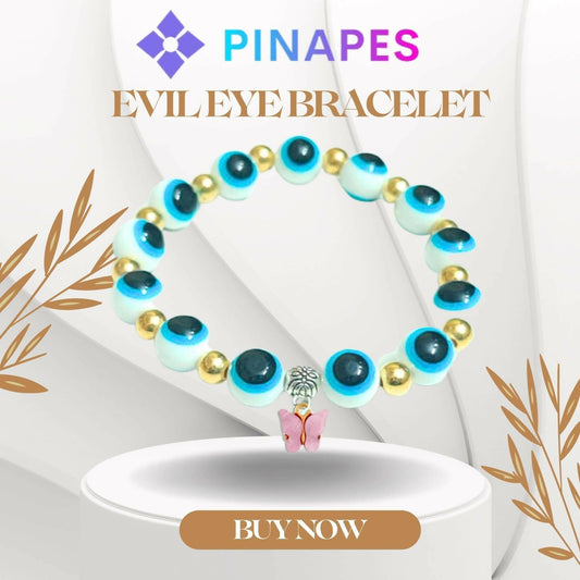 Pinapes Butterfly Beads and Evil Eye Charm Bracelet A Must-Have for Fashionable and Superstitious Women with pink butterfly (white) - HalfPe