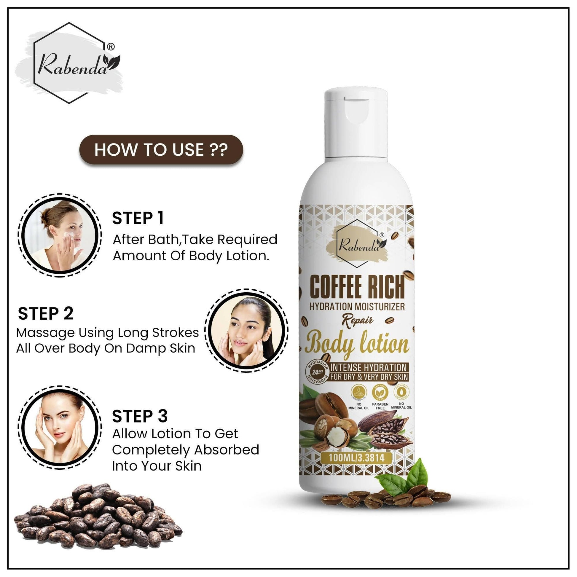 Rabenda Coffee Rich Hydration Moisturizer Body Lotion with coffee & Shea Butter - 100 ML (pack of 2) - HalfPe