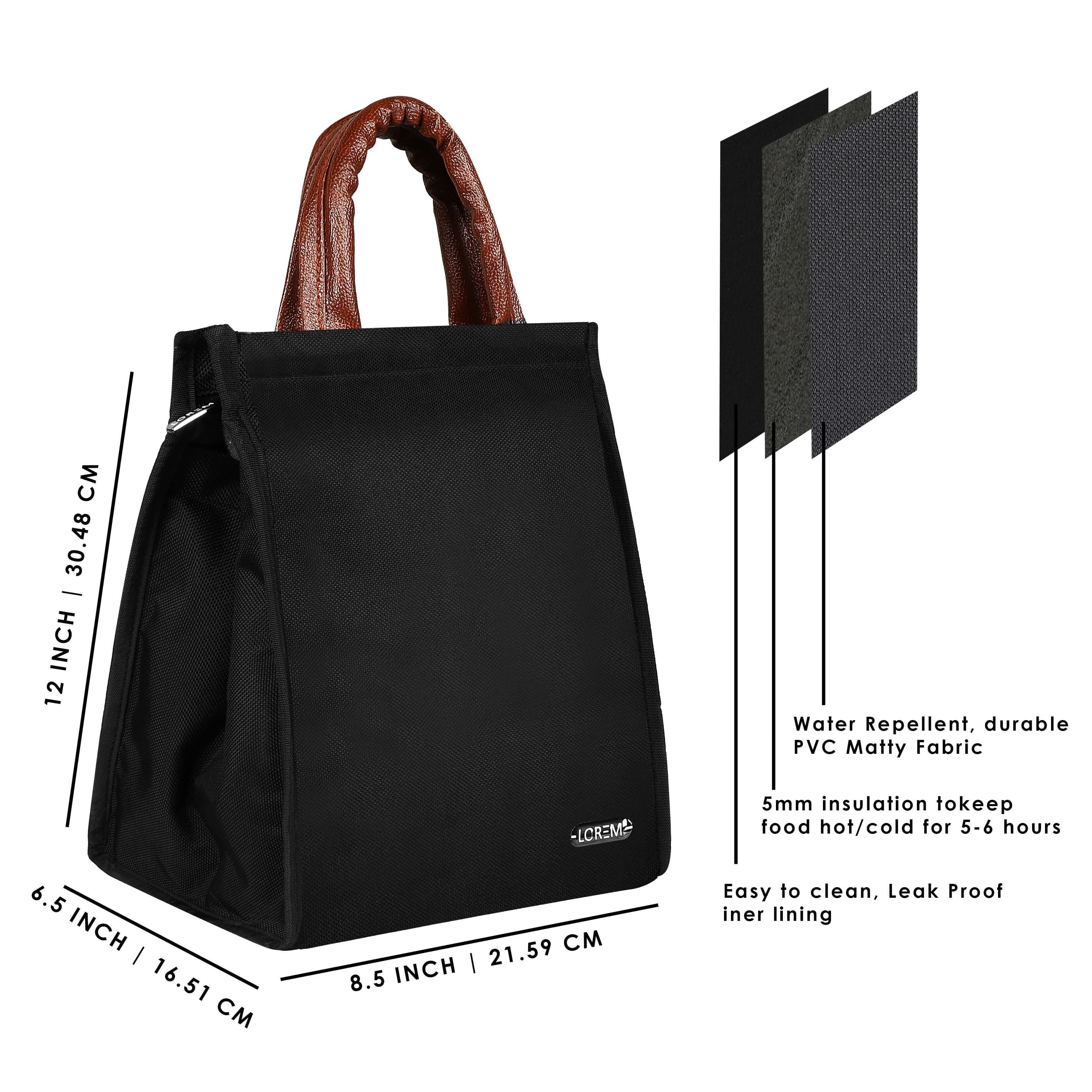 LOREM Black PVC Coated Matty Insulated Tiffin Bag/Lunch Bag - HalfPe