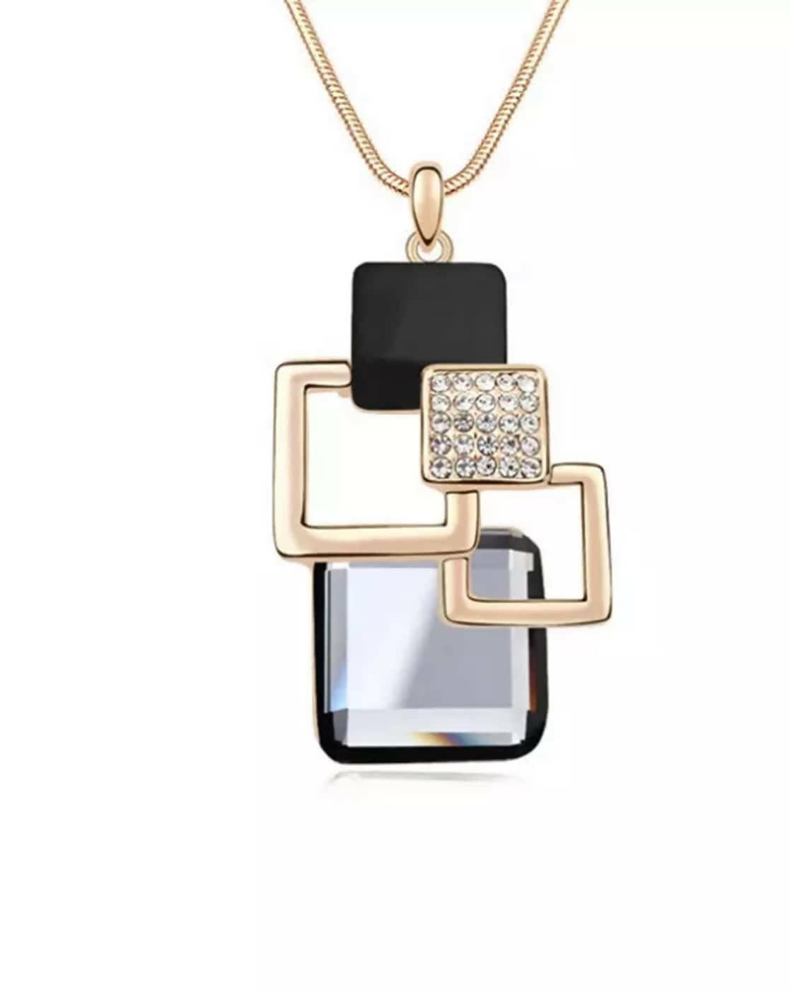 Pinapes Stylish Crystal Square Chain Silver Platinum Plated Pendant Necklace for Women (Black) - HalfPe