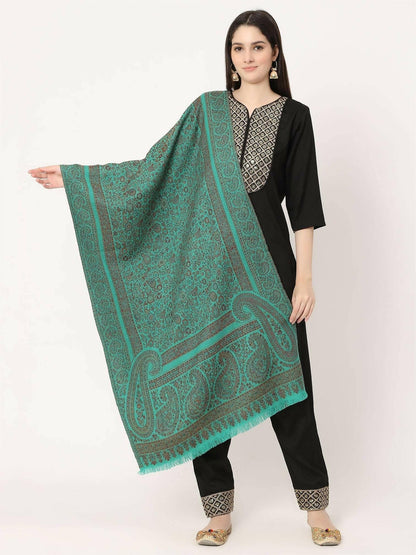 Turquoise Green and Brown Paisley Wool Stole for women - HalfPe