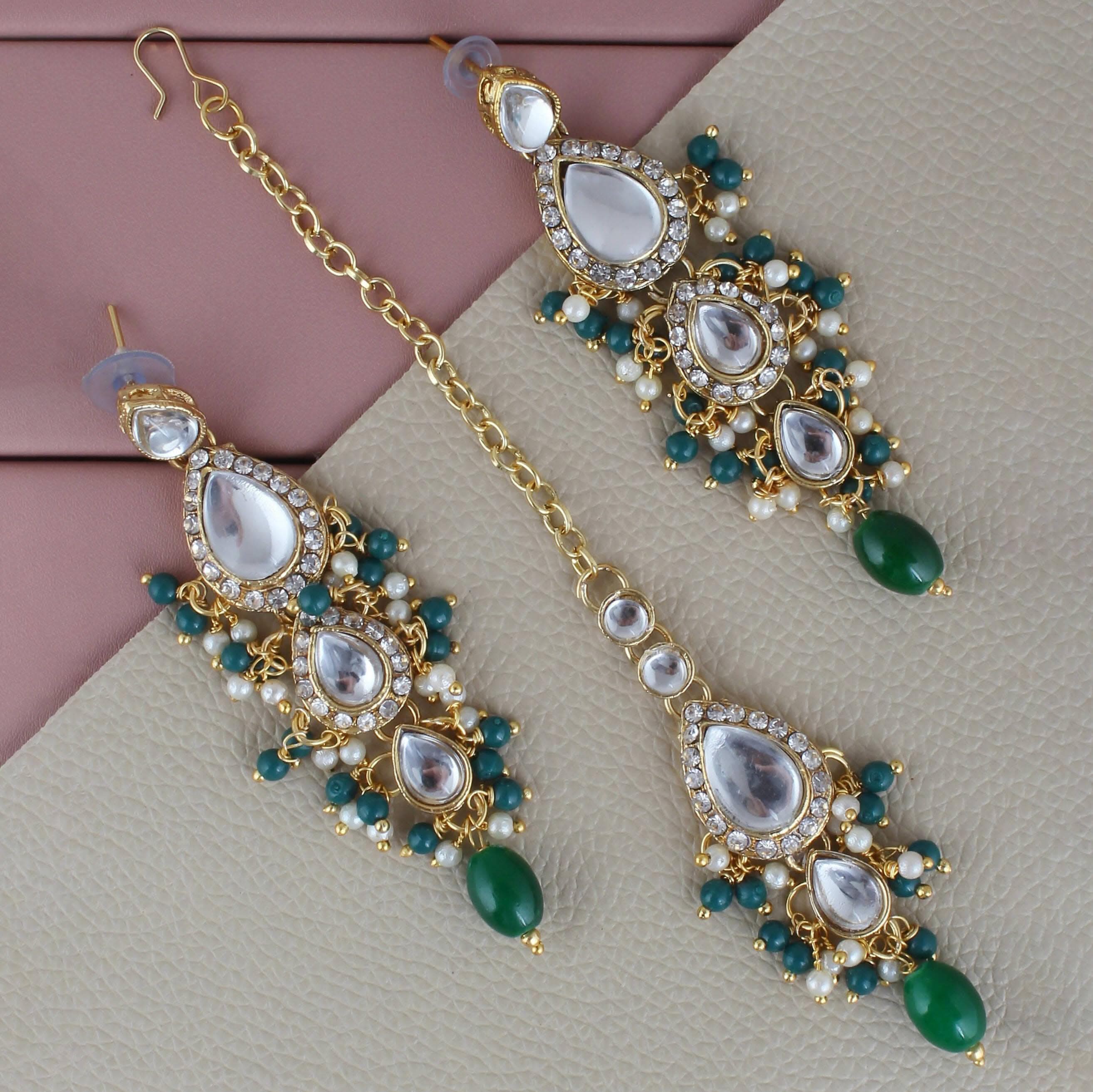 LUCKY JEWELLERY Gold Plated White Green Color Tika Earring Necklace Combo Kundan Jewellery Set - HalfPe
